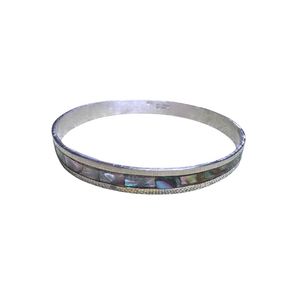 Abalone Shell Inlay Sterling Silver Round Bangle Bracelet Mexico Vintage - Picture 3 of 9
